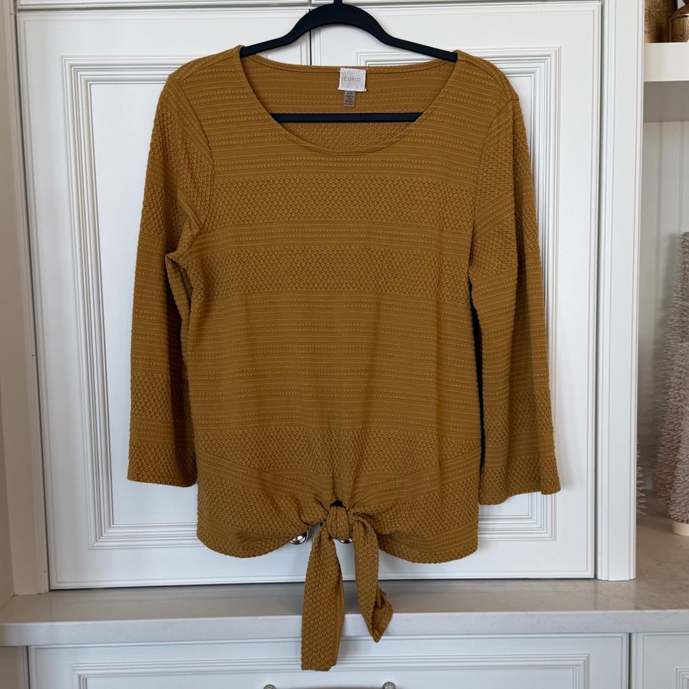 Cupio Mustard Tie-Front Top – Textured Knit | Size L